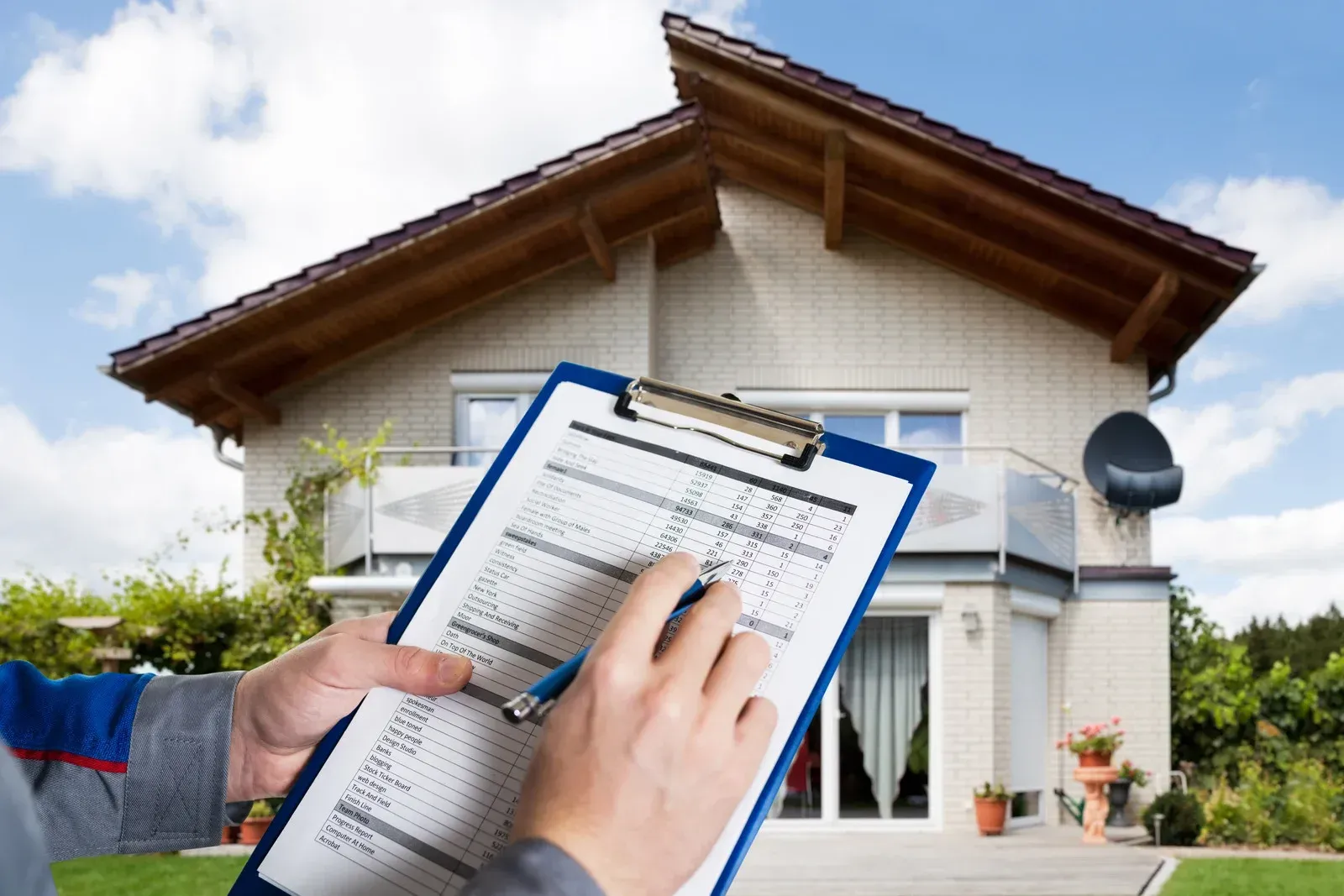 A person is holding a clipboard in front of a house