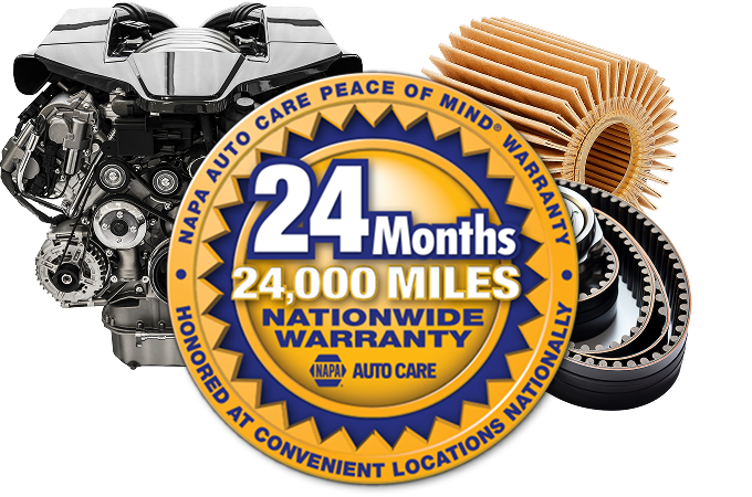 24-month, 24,000-mile nationwide warranty badge with car parts | DC Auto Repair