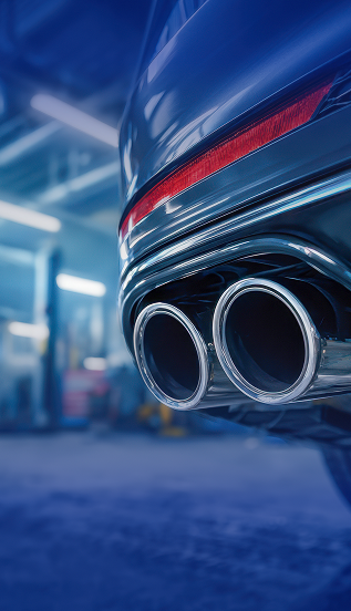 Close-up of a blue sports car’s rear with dual chrome exhaust pipes | DC Auto Repair