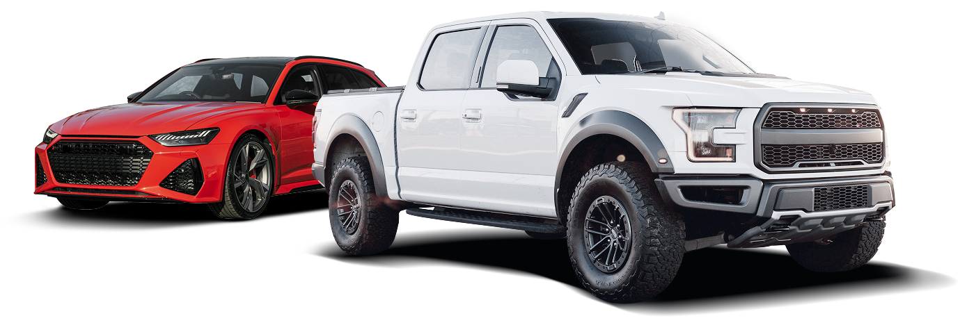Red sports coupe behind a gray off-road SUV on a white background | DC Auto Repair
