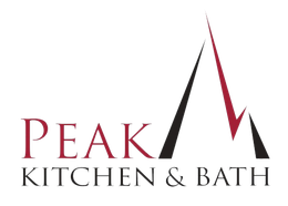 Peak Kitchen & Bath logo in burgundy and black with stylized roof peaks and red accent slash