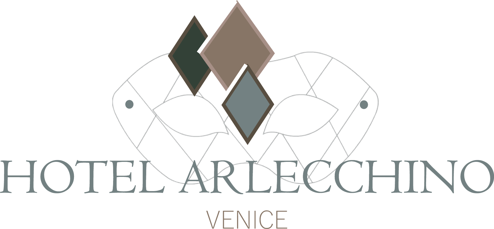 Logo dell’Hotel Arlecchino con rombi geometrici stilizzati e la parola “Venice” sotto