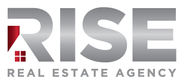 The logo for rise real estate agency is gray and red.
