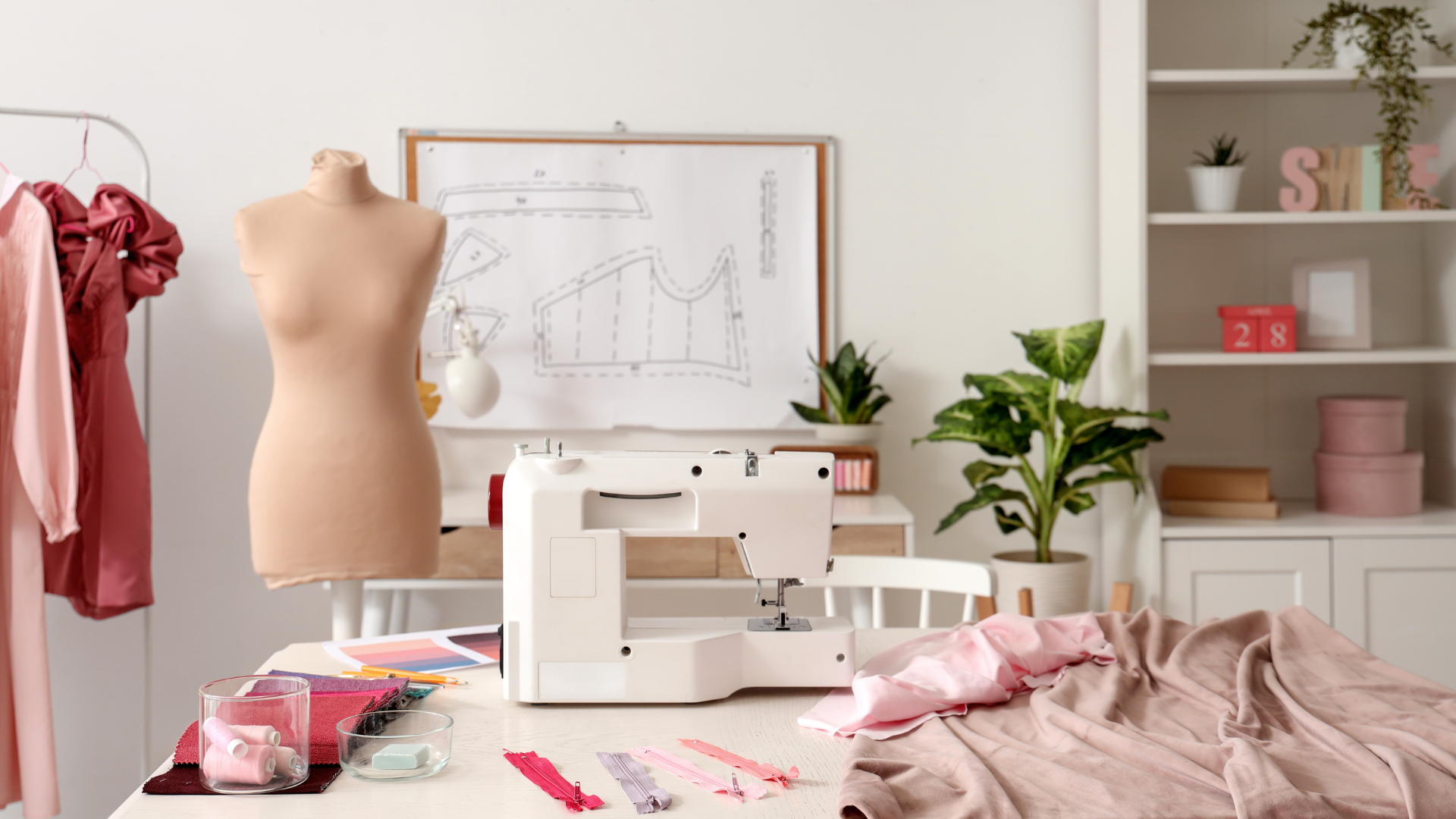 Sewing workspace with a dress form, sewing machine, fabric, and patterns on a bright table.