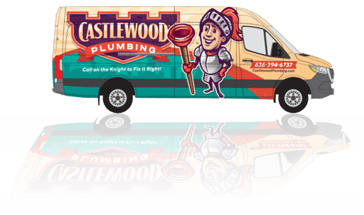Castlewood Plumbing van with knight mascot holding plunger; turquoise, orange.