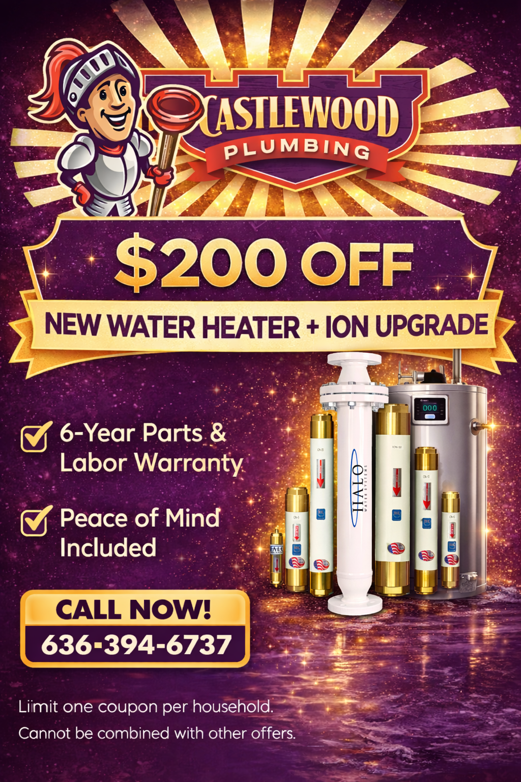 Castlewood Plumbing ad: $200 off new water heater + ion upgrade, 6-year warranty, call 636-394-6737