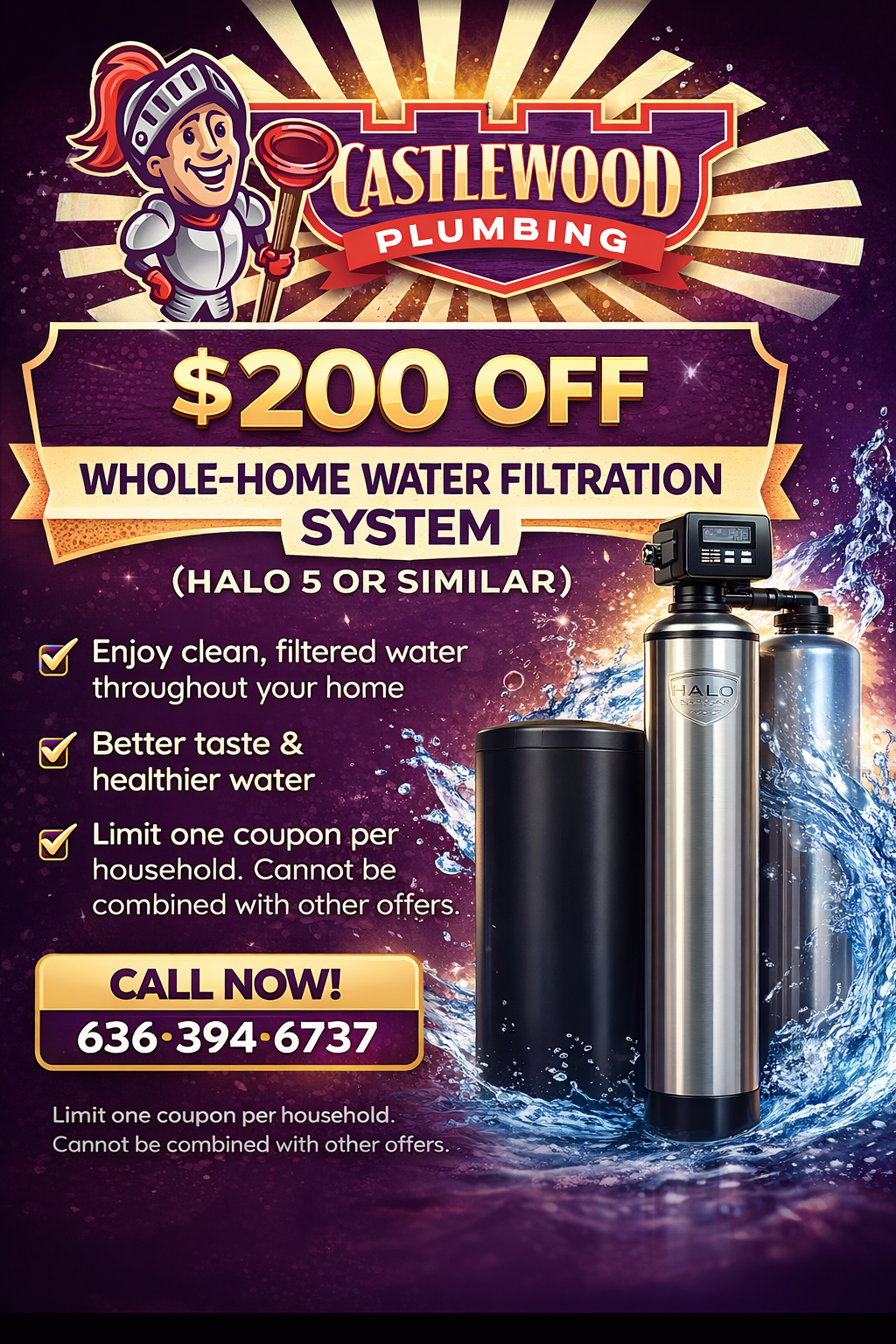 Castlewood Plumbing ad: $200 off whole-home water filtration system, with phone number and product image.