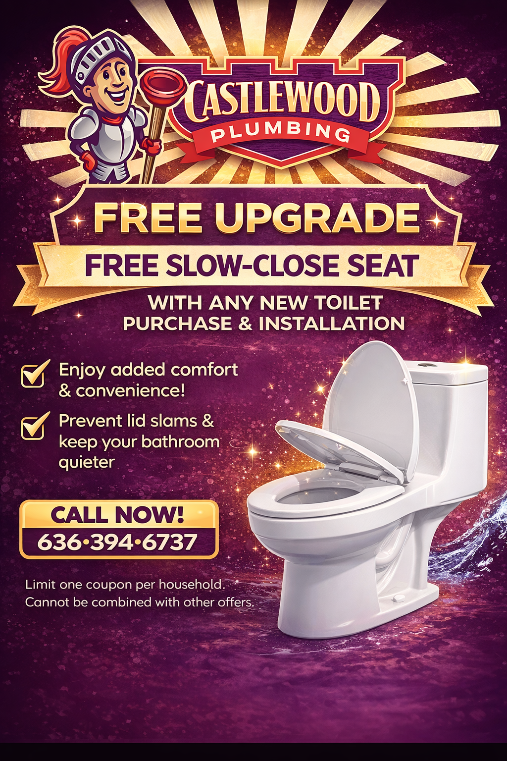 Castlewood Plumbing ad for free toilet upgrade and slow-close seat, with a toilet photo and call-now phone number.