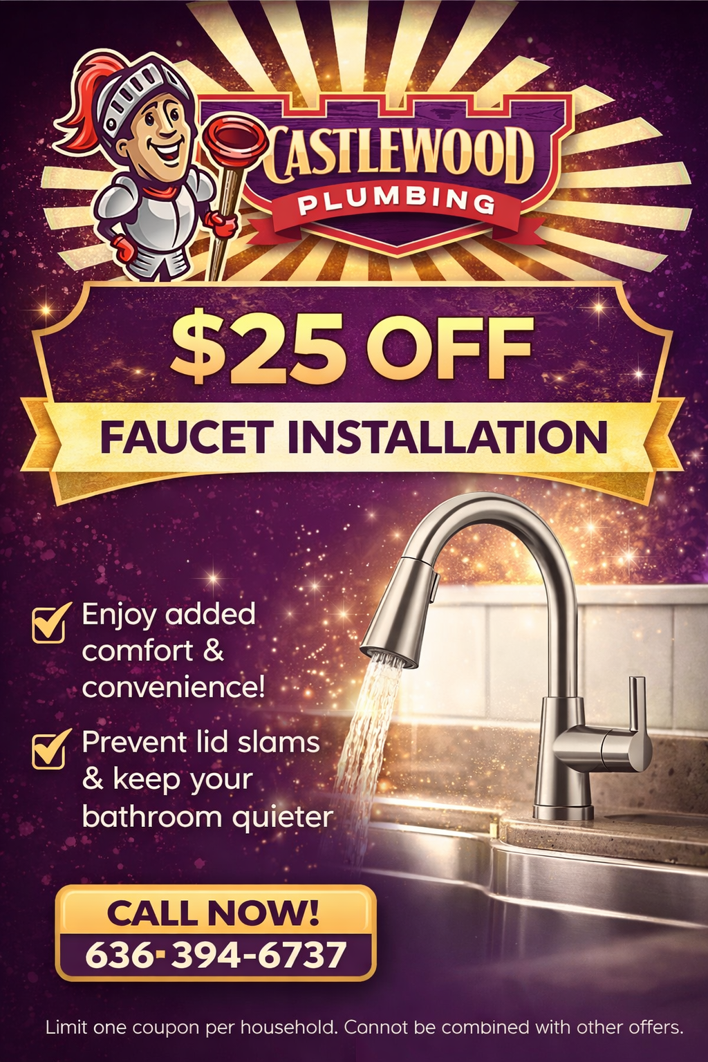 Castlewood Plumbing ad: $25 off faucet installation, with sink and call-now phone number.