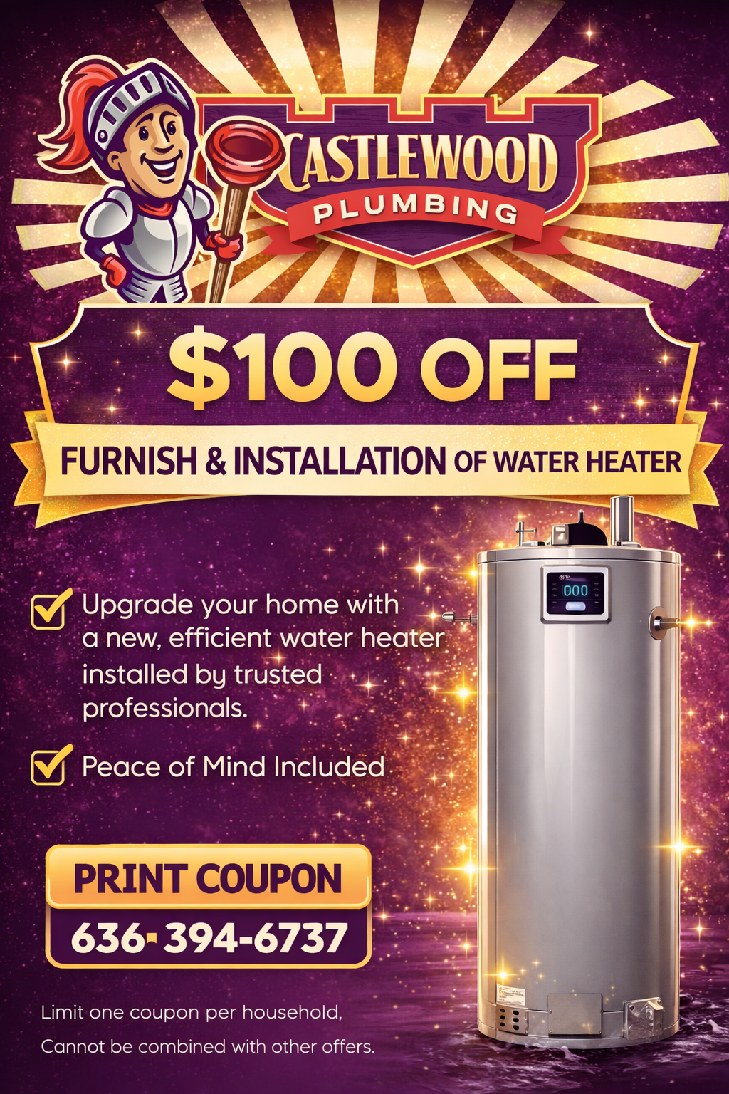 Castlewood Plumbing ad with smiling worker, water heater, and 