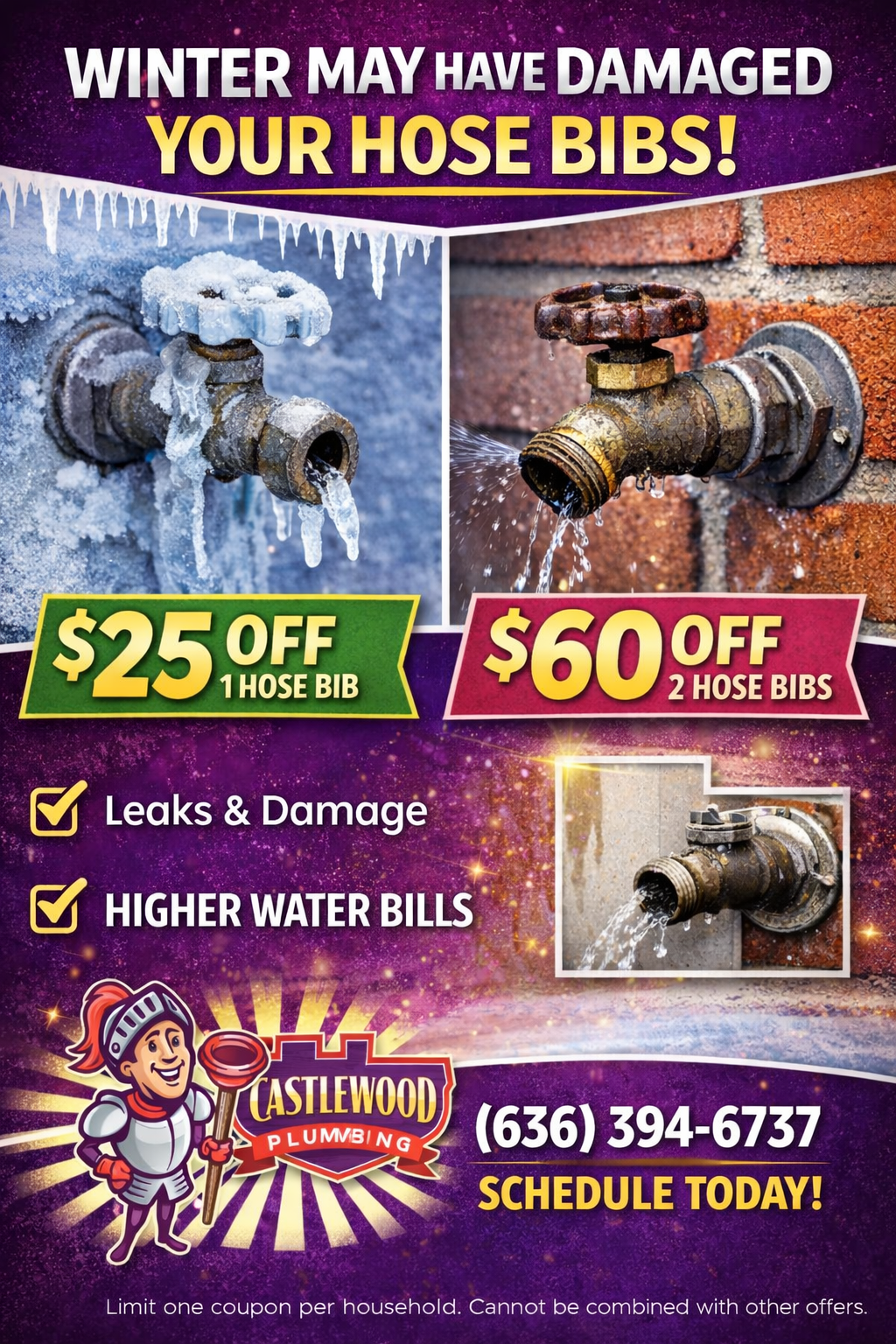 Winter hose bib repair ad showing damaged faucets, $25 off one hose bib or $60 off two, with phone number