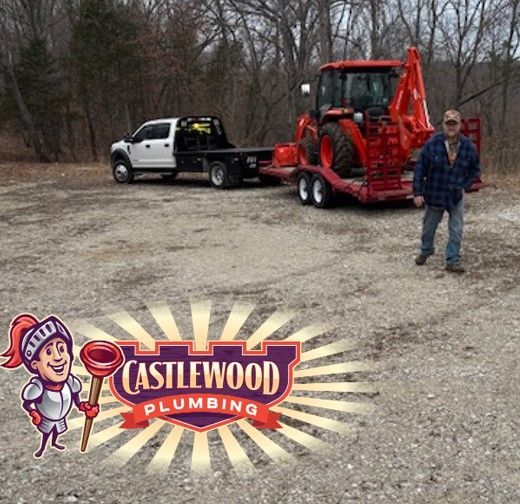 Castlewood Plumbing truck and red trailer parked on gravel, with a man standing nearby and logo overlay.