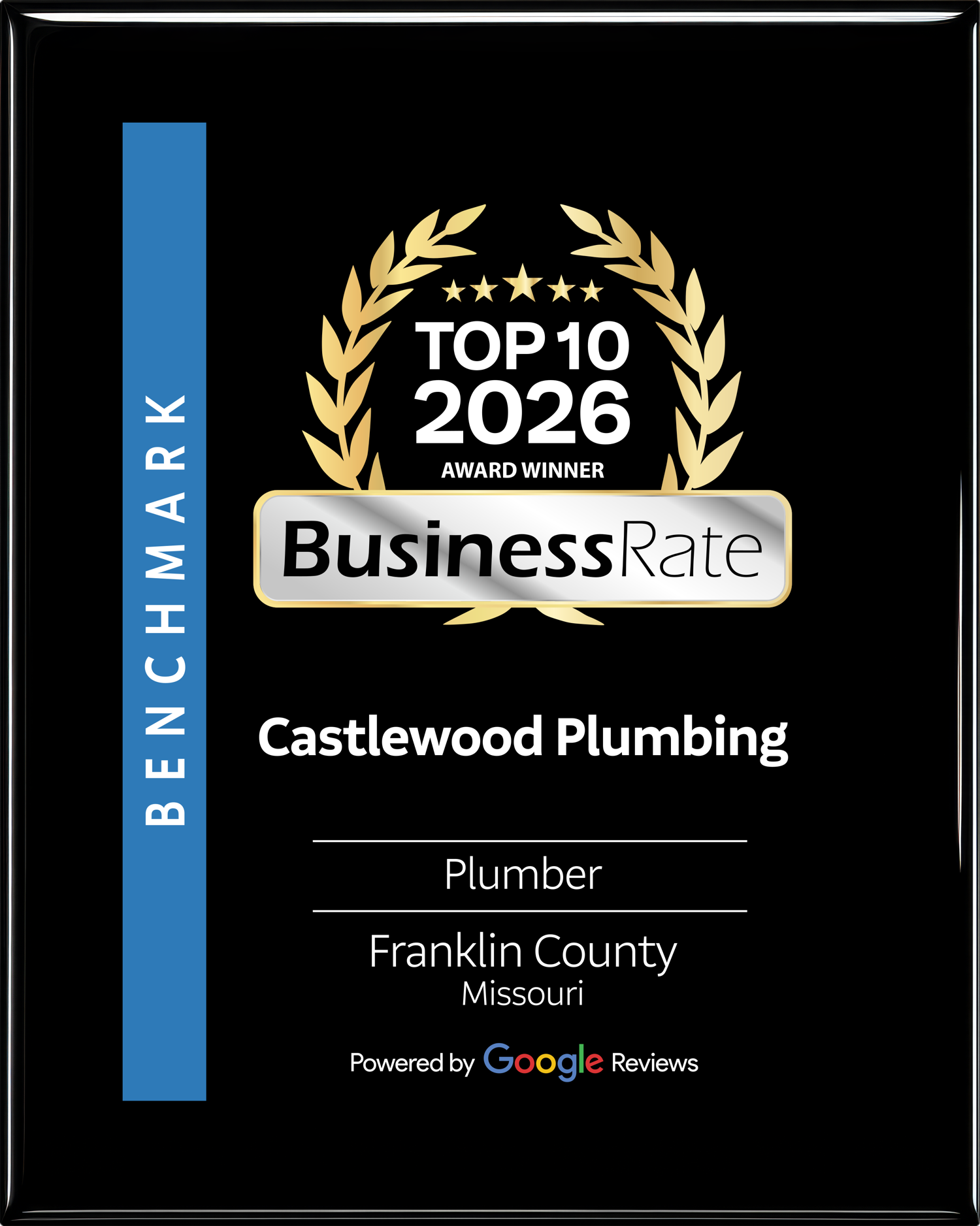 BusinessRate Top 10 2026 benchmark award for Castlewood Plumbing, Franklin County plumber, with blue vertical banner