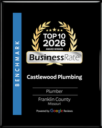 BusinessRate Top 10 2026 benchmark award for Castlewood Plumbing, Franklin County plumber, with blue vertical banner