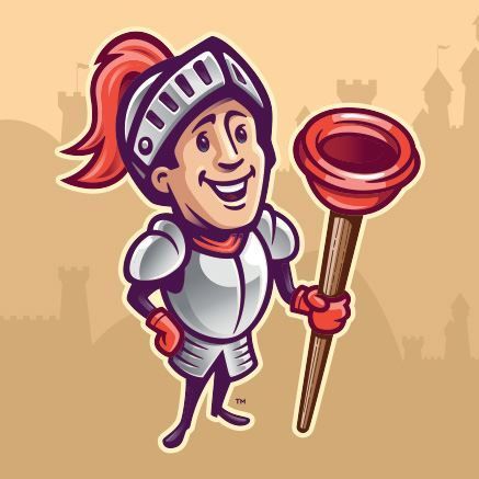 Knight in silver armor holding a plunger, smiling with a castle backdrop.