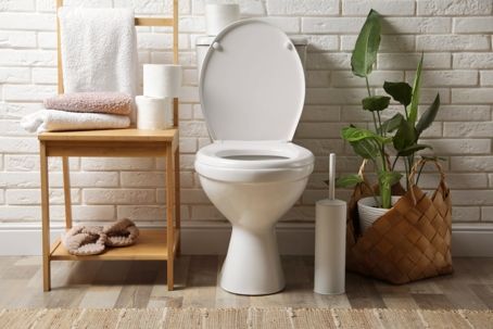 White toilet in a bathroom with wood accents, brick wall, and a potted plant.