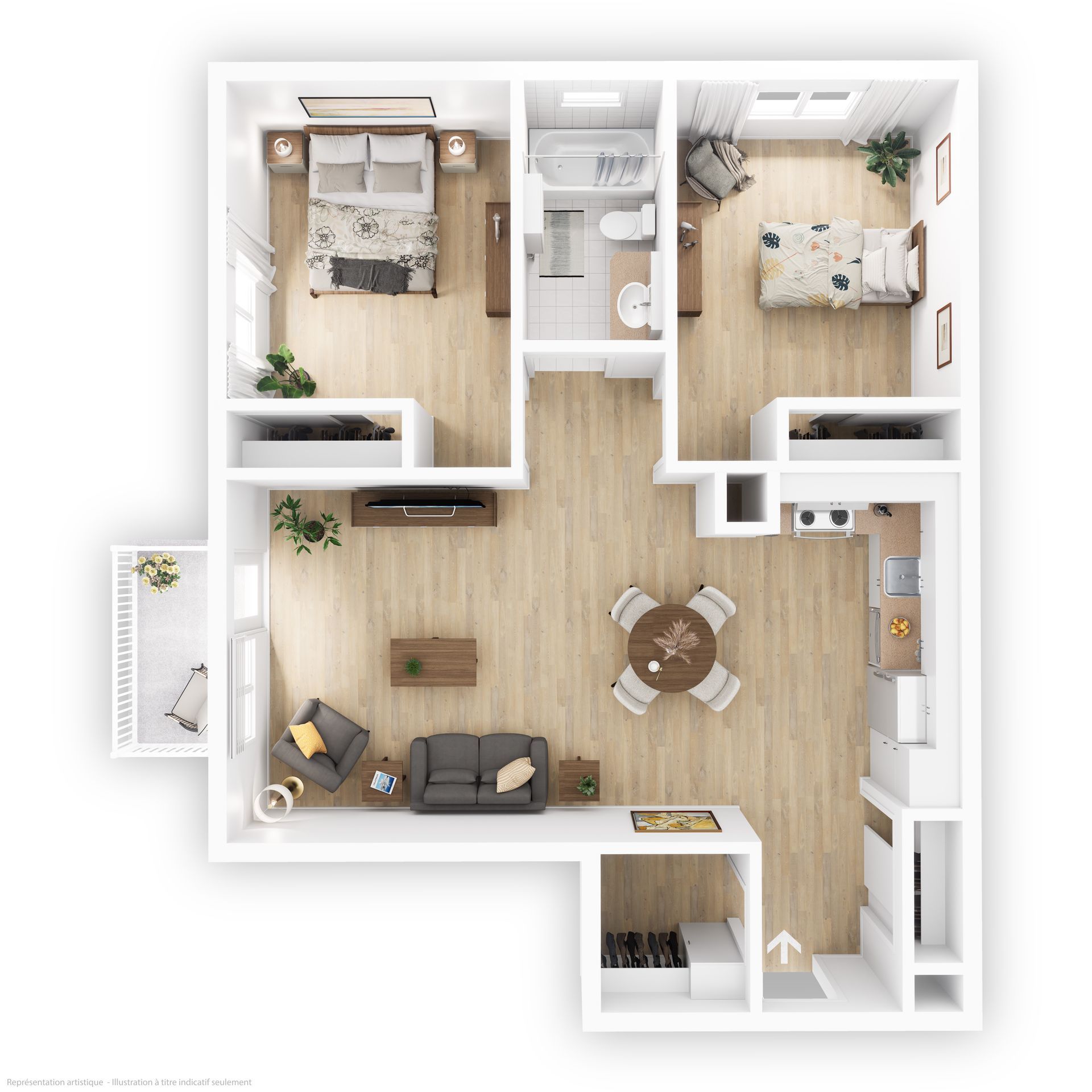 A top-down floor plan of a two-bedroom apartment with a living room, dining area, kitchen, one bathroom, and a balcony.