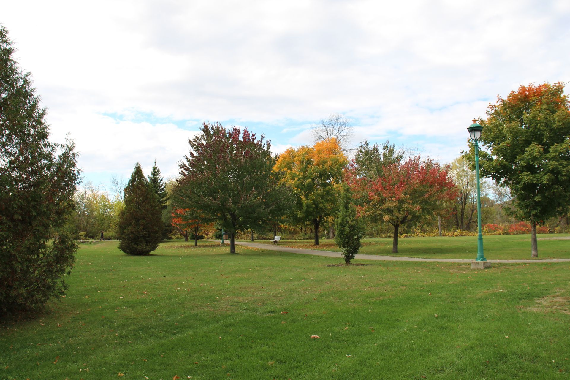 A grassy park with colorful autumn trees under a cloudy sky, featuring a paved path and a green lamp post.