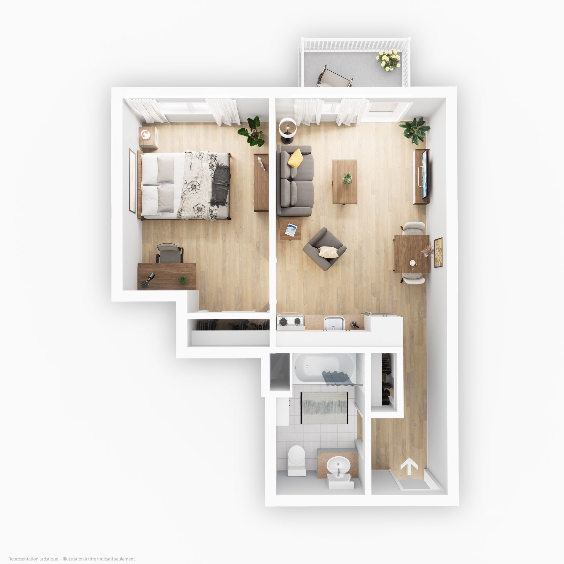 Floor plan of a one-bedroom apartment with an open living area, kitchen, bathroom, and balcony, top-down view.