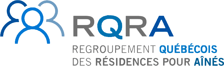Logo for Regroupement québécois des résidences pour aînés featuring three overlapping abstract figures and blue text.