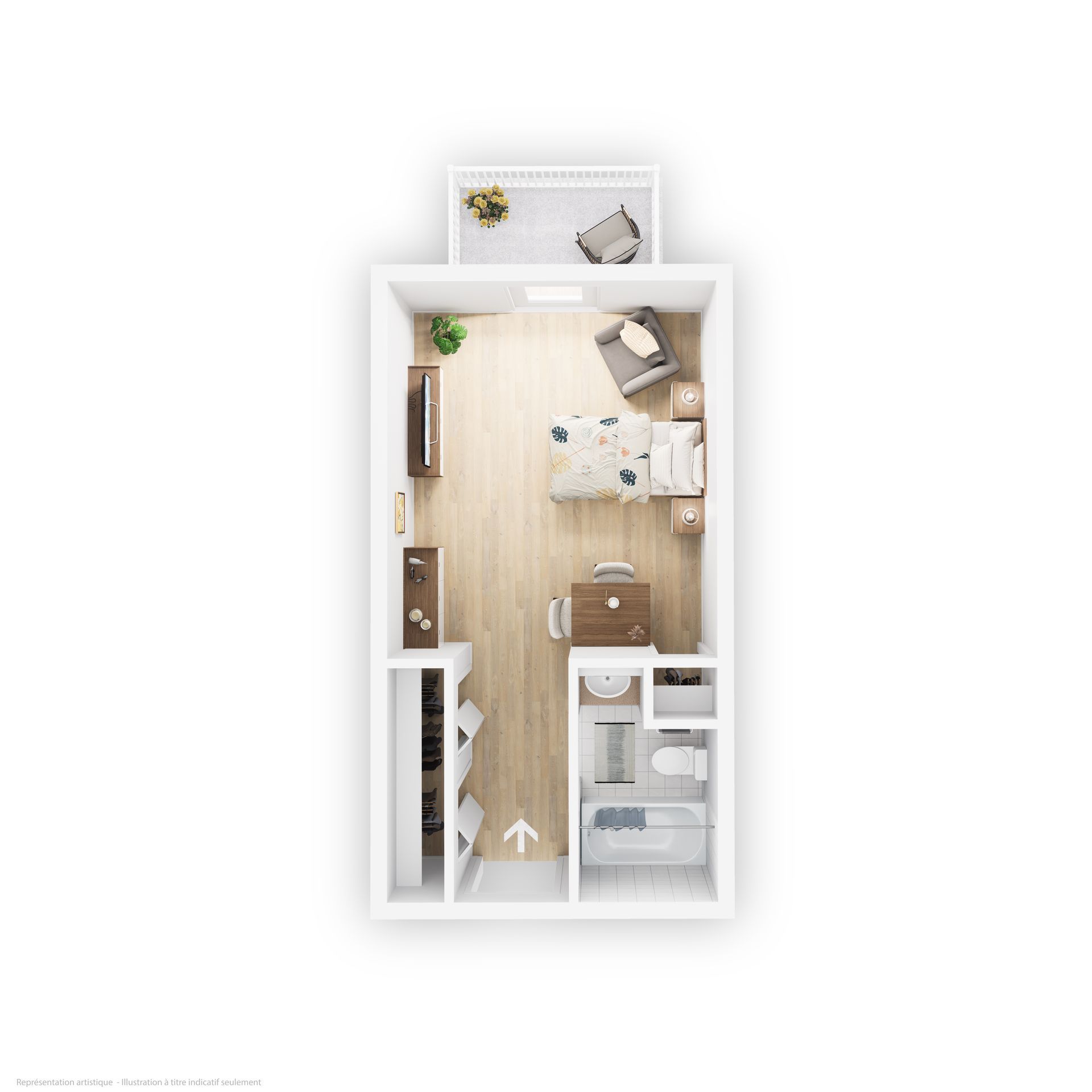 A top-down floor plan of a small apartment featuring a furnished bedroom, bathroom, closet, and balcony.