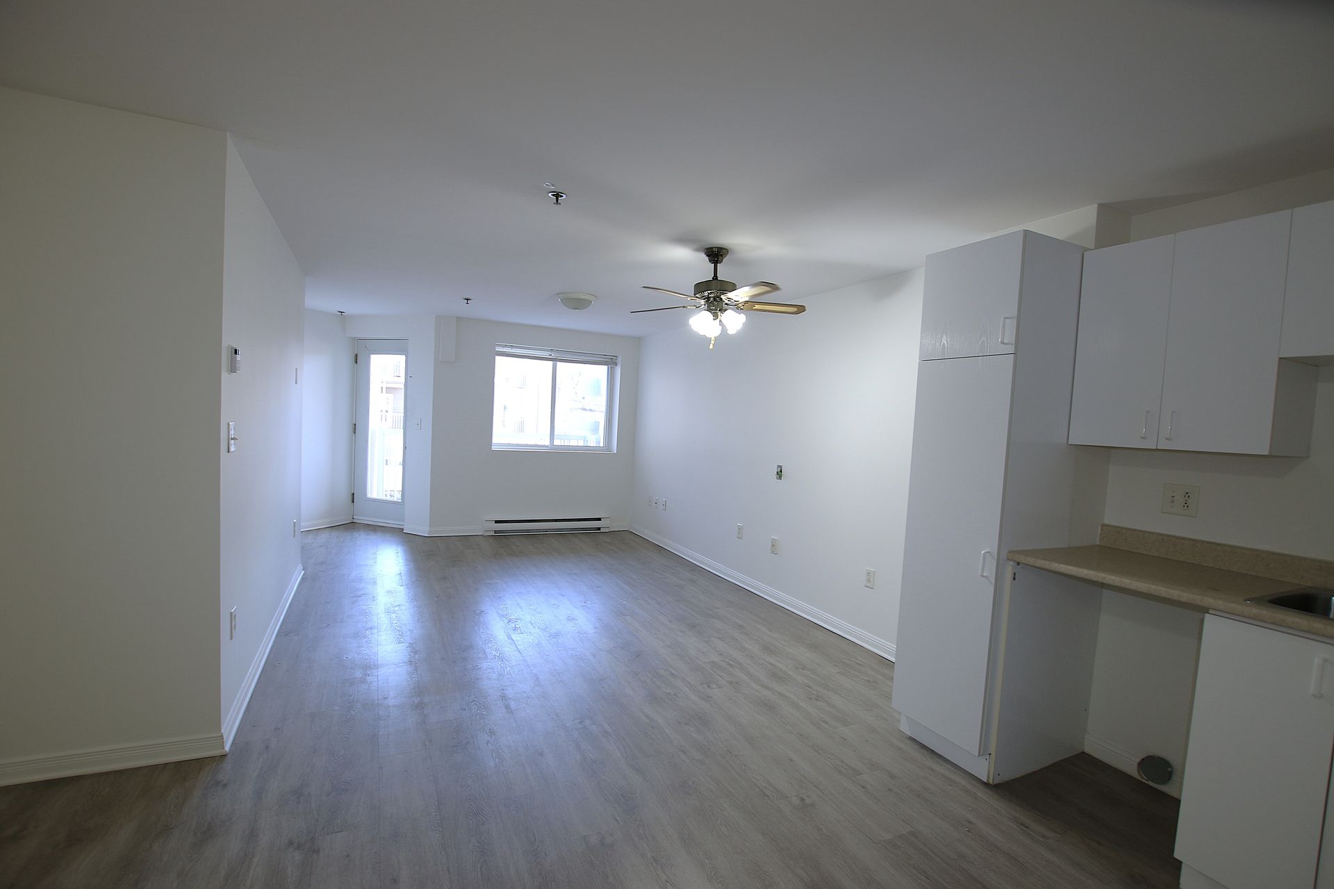 An interior view of a bright, empty apartment living space with light-wood floors, white walls, and a small kitchen area.