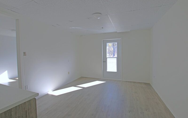 An empty, minimalist room with white walls, light wood flooring, and a single glass-paneled door leading outside.