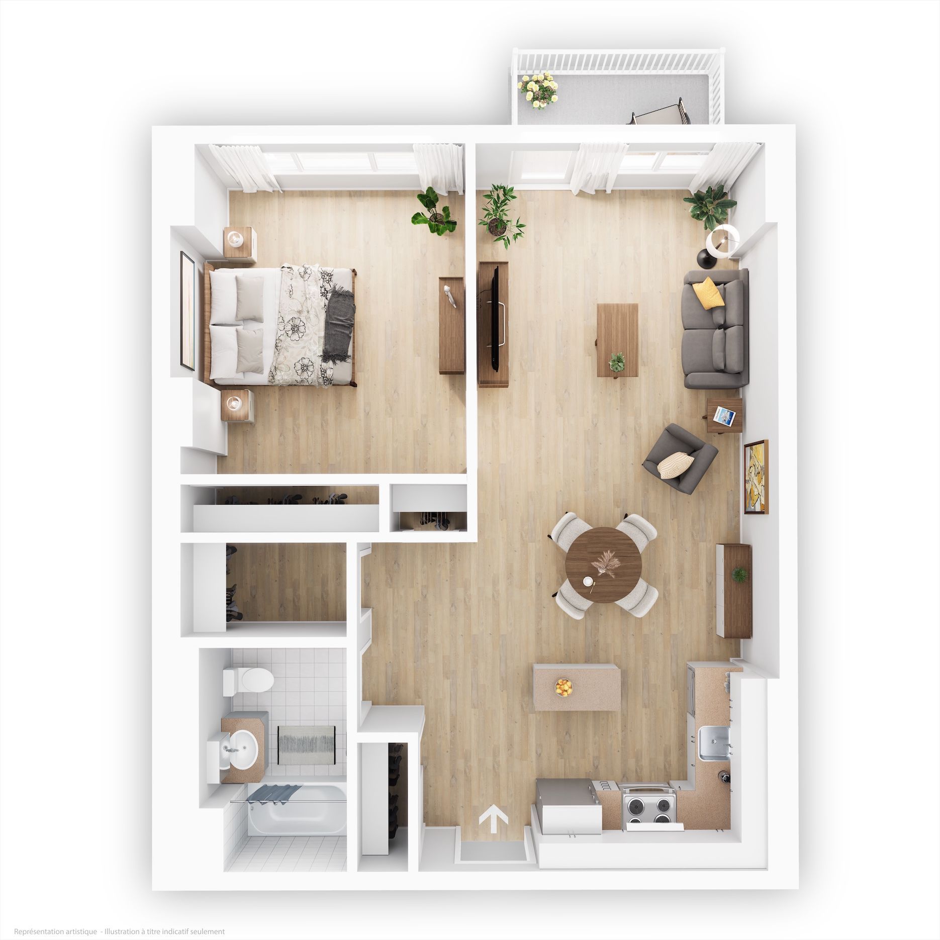 Floor plan for a one-bedroom apartment with an open living room, kitchen, bathroom, and balcony.