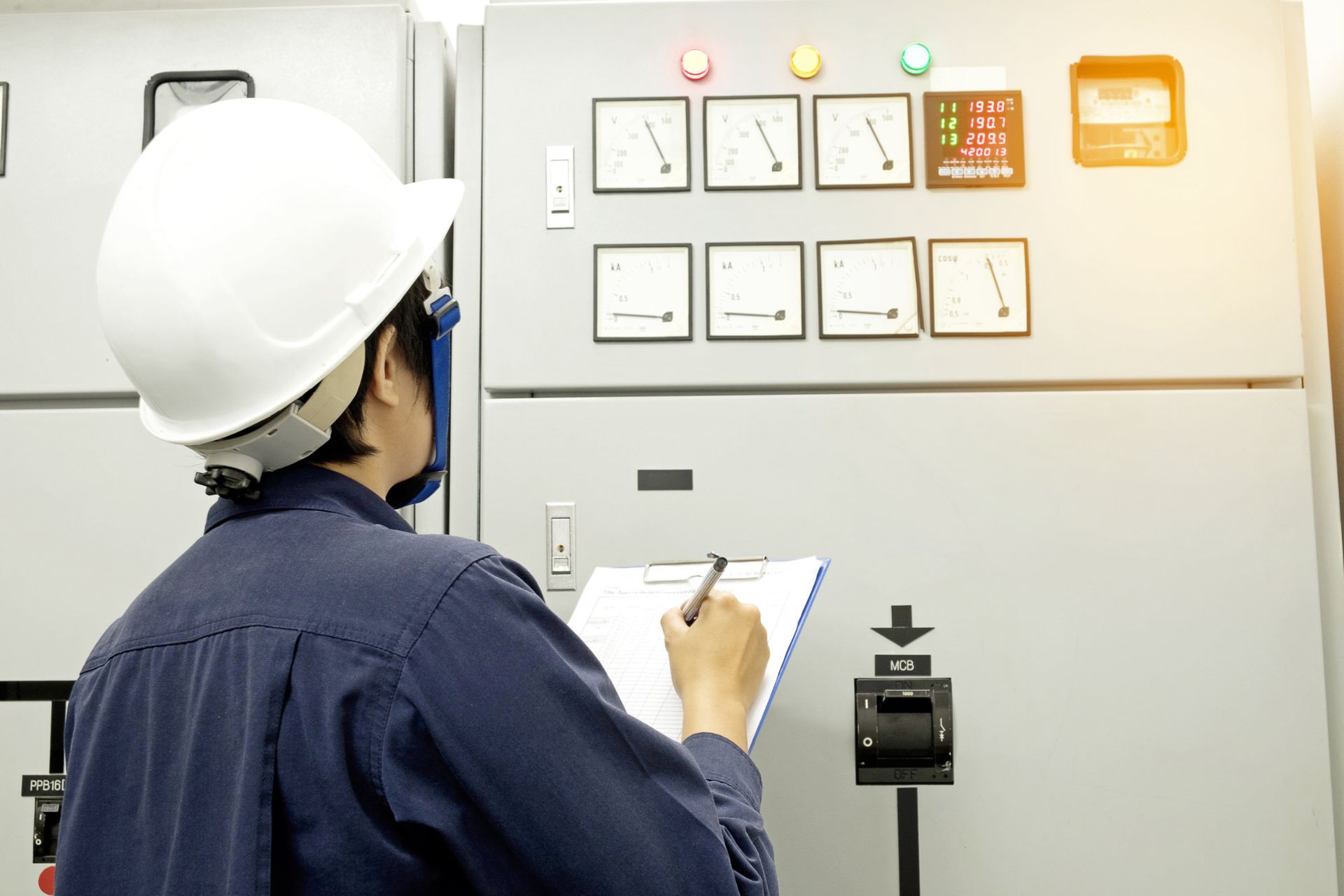 Worker in hard hat inspecting gauges on an electrical control panel with a clipboard