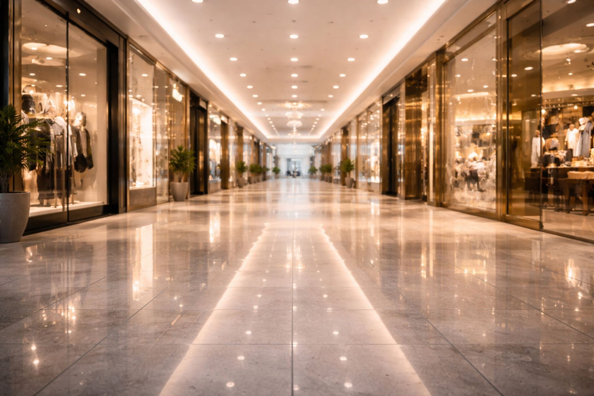 Luxurious shopping mall corridor with glossy marble floor and illuminated storefronts