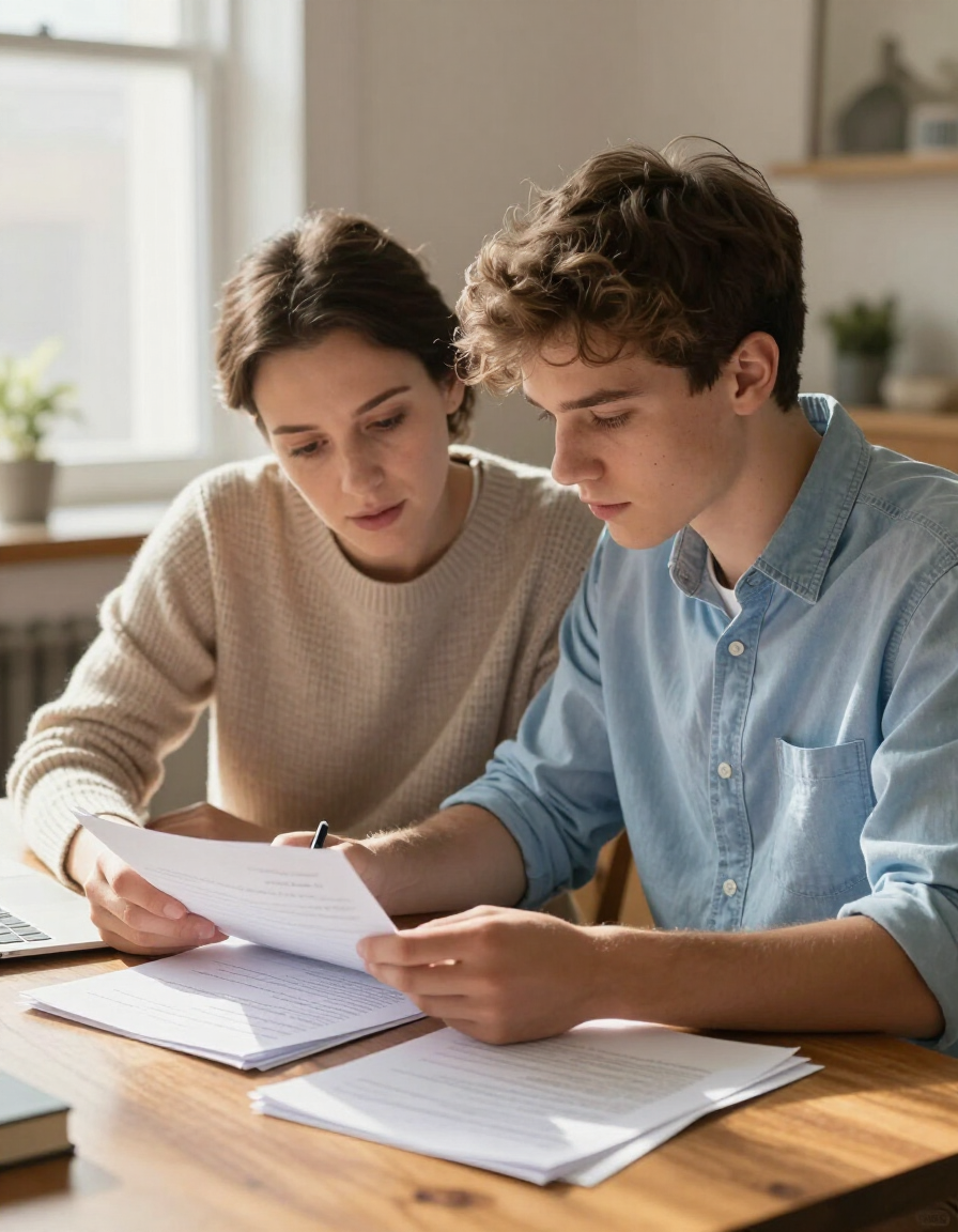 Student and parent reviewing paperwork together
