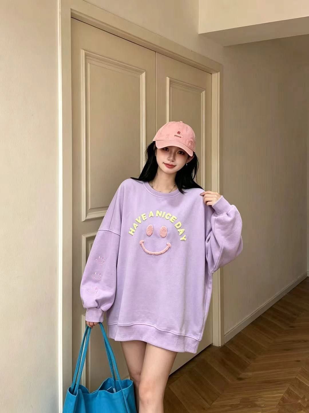 ✨韓系毛巾繡字母微笑袖子刺繡笑臉寬鬆衛衣 ?790(含運)