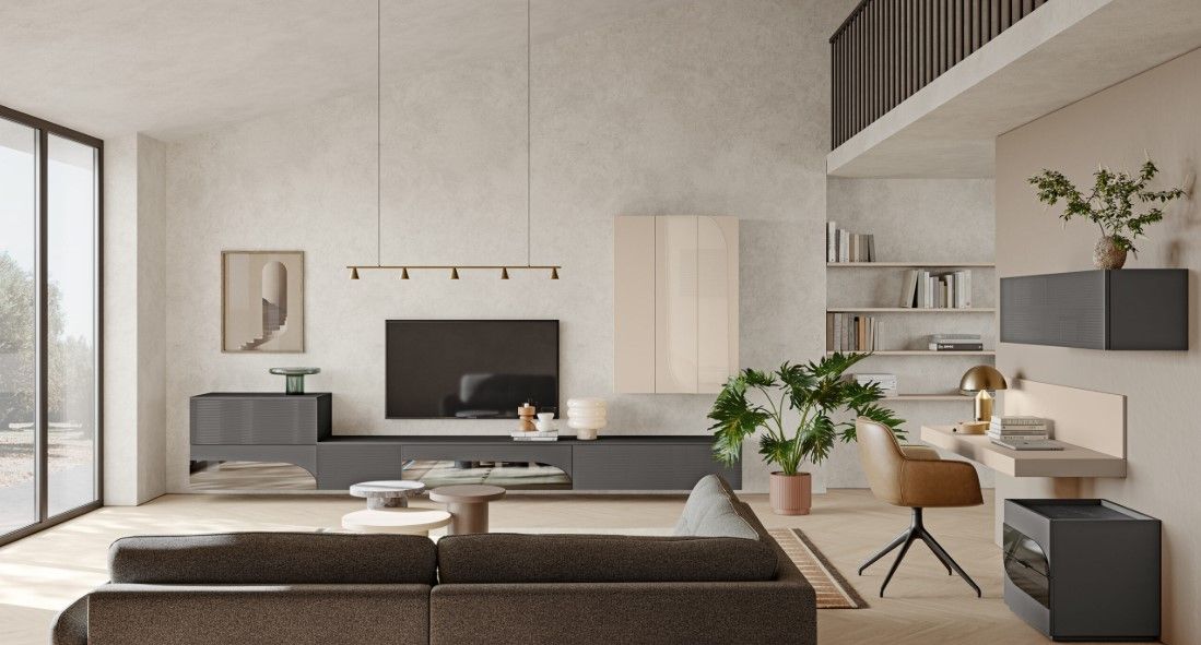 Soggiorno moderno con colori neutri, ampie finestre e mobili contemporanei.