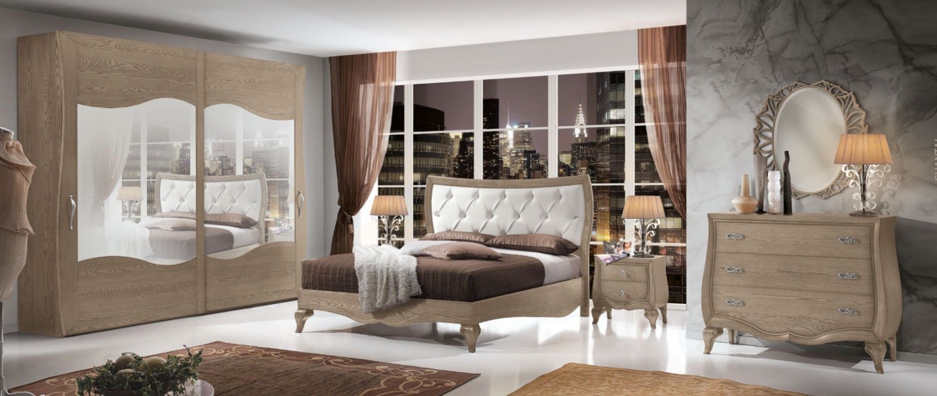 Set di mobili per la camera da letto: letto, comodino, cassettiera e armadio a specchio in una palette di colori neutri.