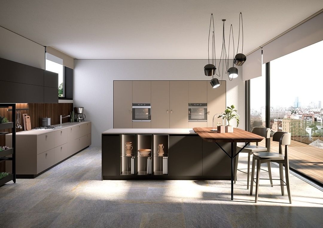 Cucina moderna con isola, mobili, tavolo e ampia finestra.