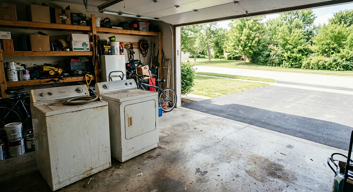 Garage with washer and dryer, shelves of tools, and an open door to a sunny driveway.