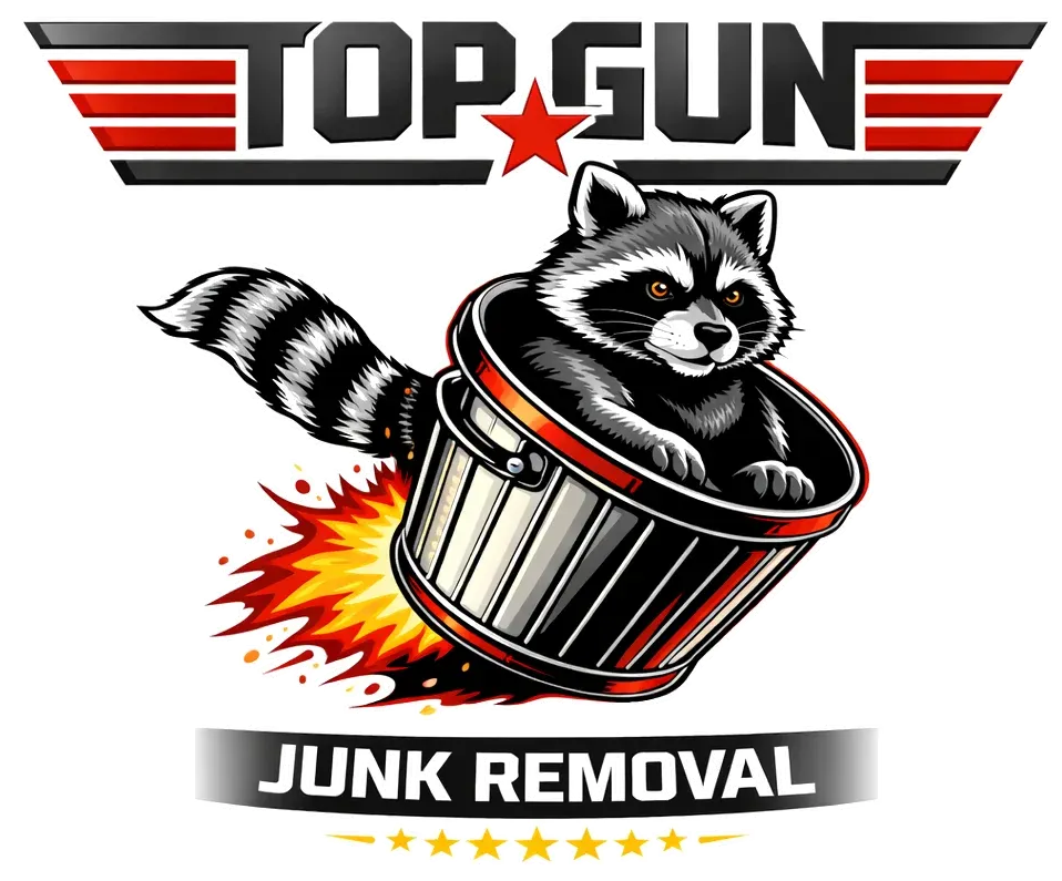 Top Gun Junk Removal logo with raccoon in a tipped metal trash can