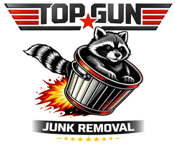 Top Gun Junk Removal logo with raccoon in a tipped metal trash can