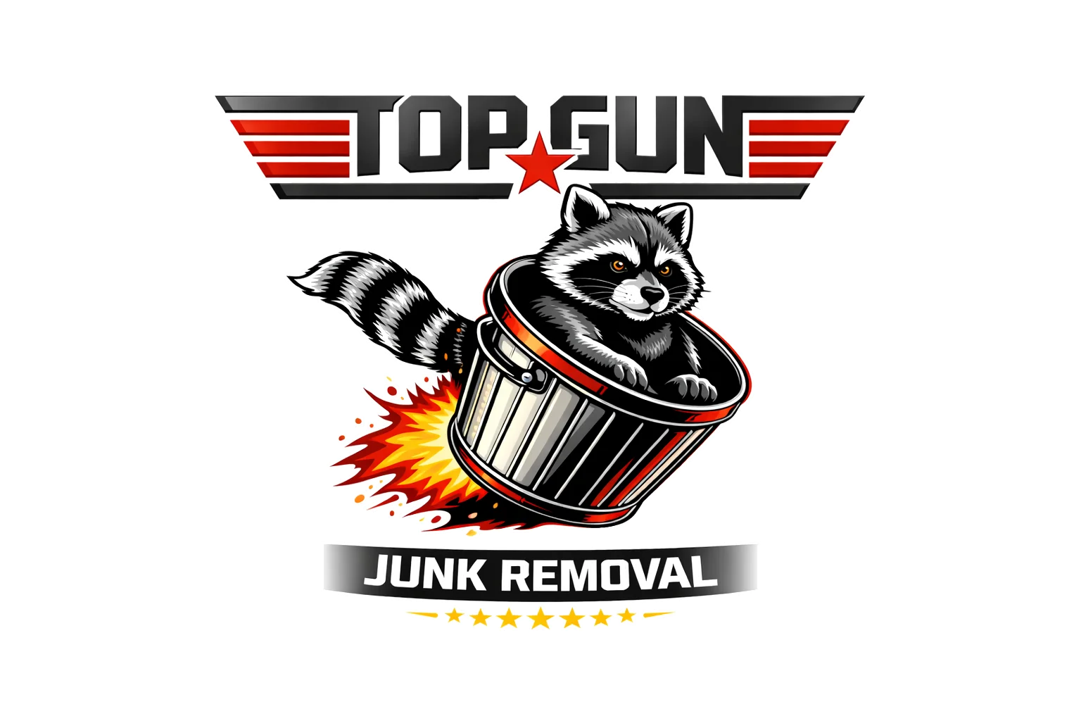 Top Gun Junk Removal logo with a raccoon popping out of a trash can and fiery trail