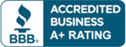 A blue sign that says accredited business a+ rating