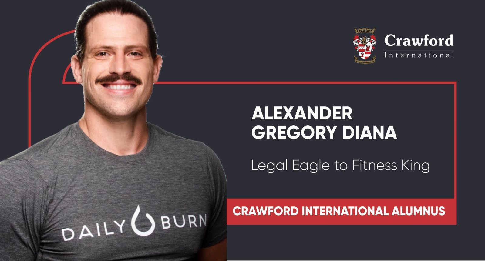 A man with a mustache is wearing a daily burn shirt.