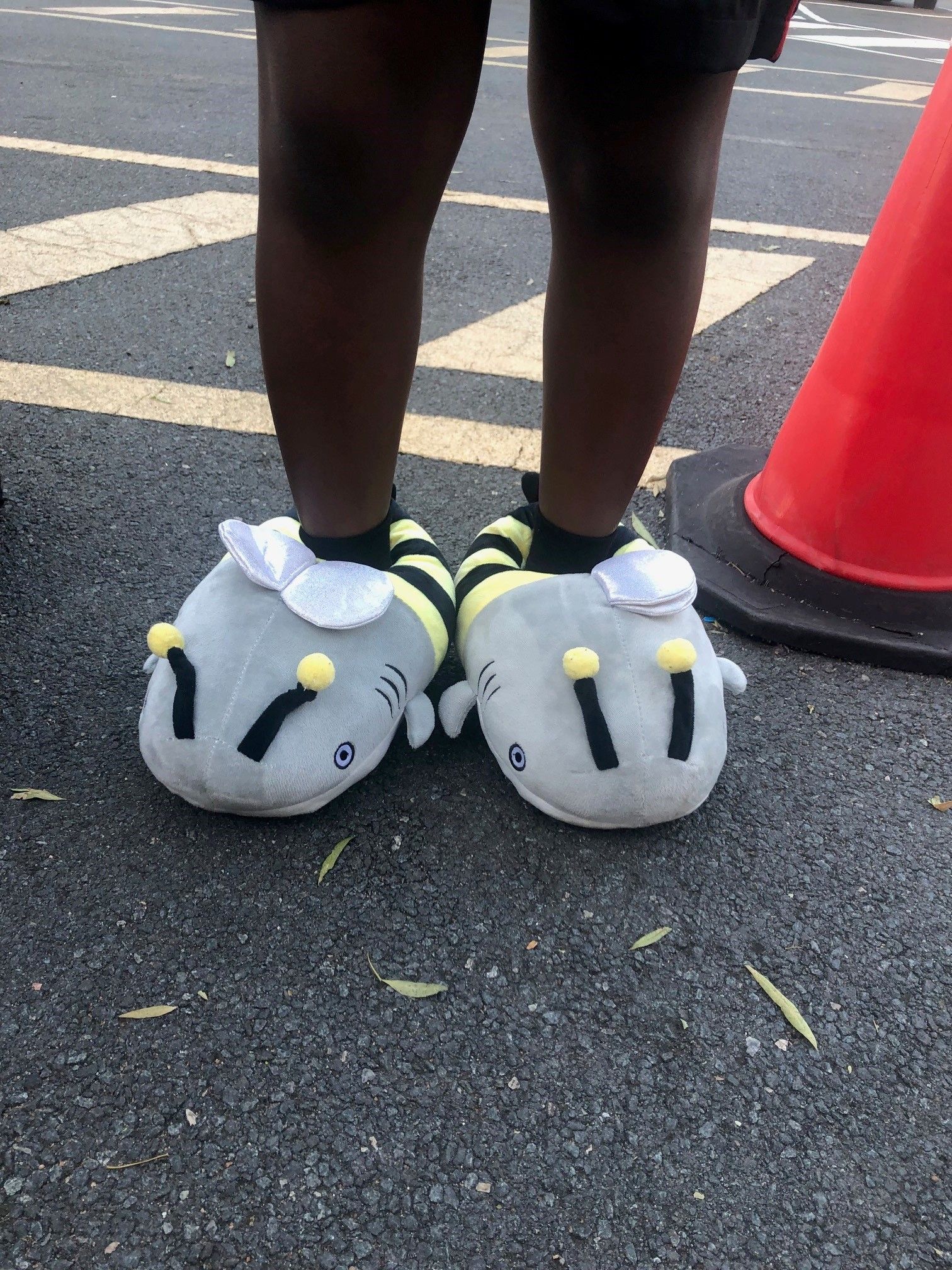 A person wearing a pair of bee slippers on their feet.