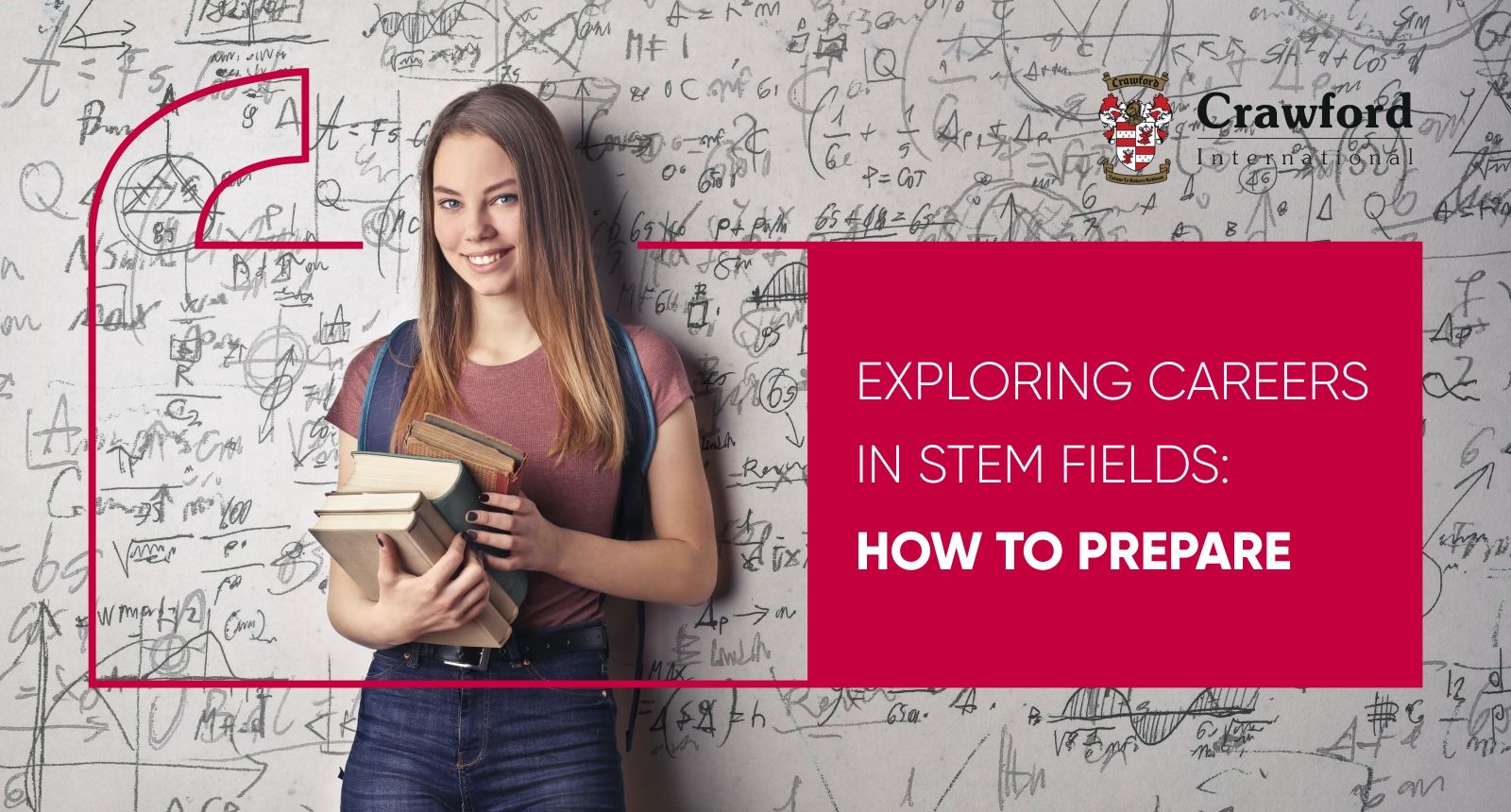 A woman is holding books in front of a wall of math equations.