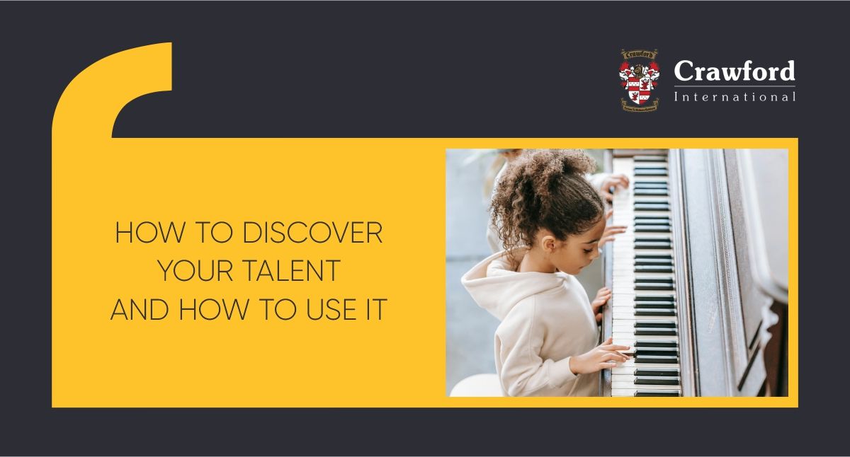 A young girl is playing a piano with a quote about how to discover your talent and how to use it.