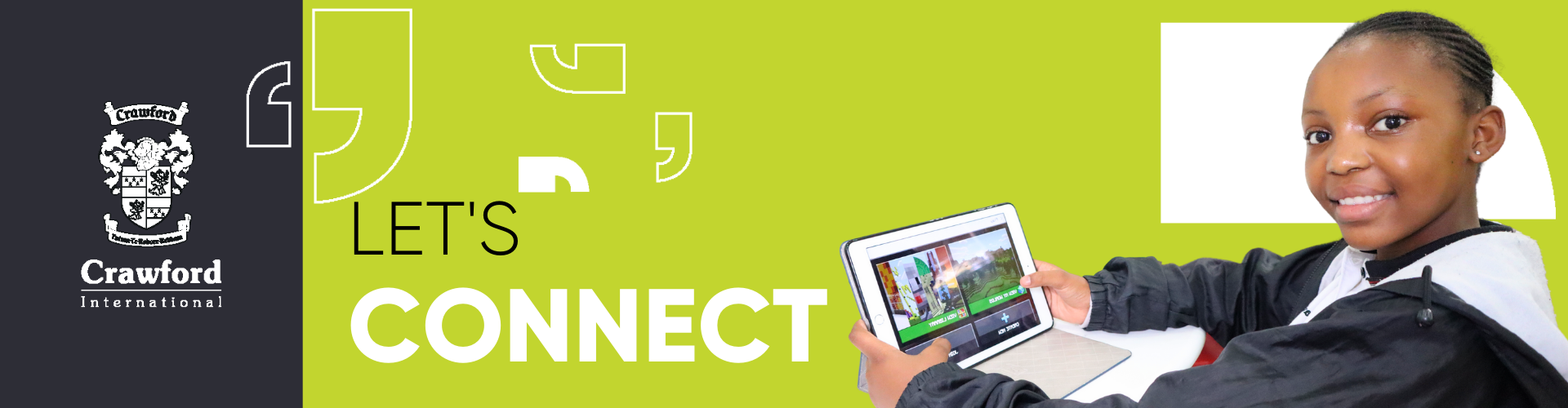 A child is holding a laptop in front of a sign that says let 's connect