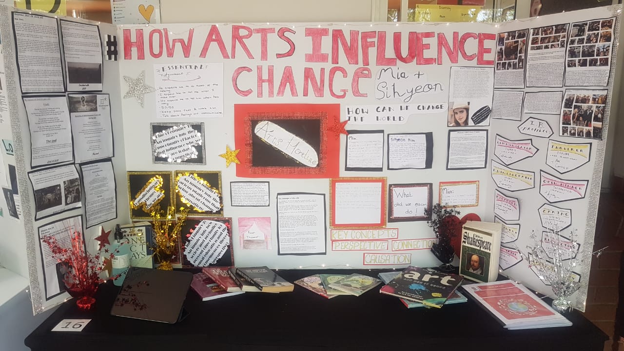 A table with a poster on it that says how arts influence chance