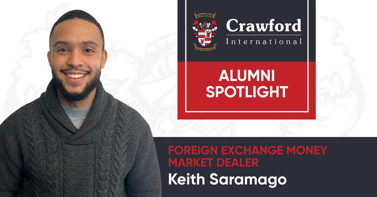 Keith Saramago, Crawford International alum, smiles. Text: 