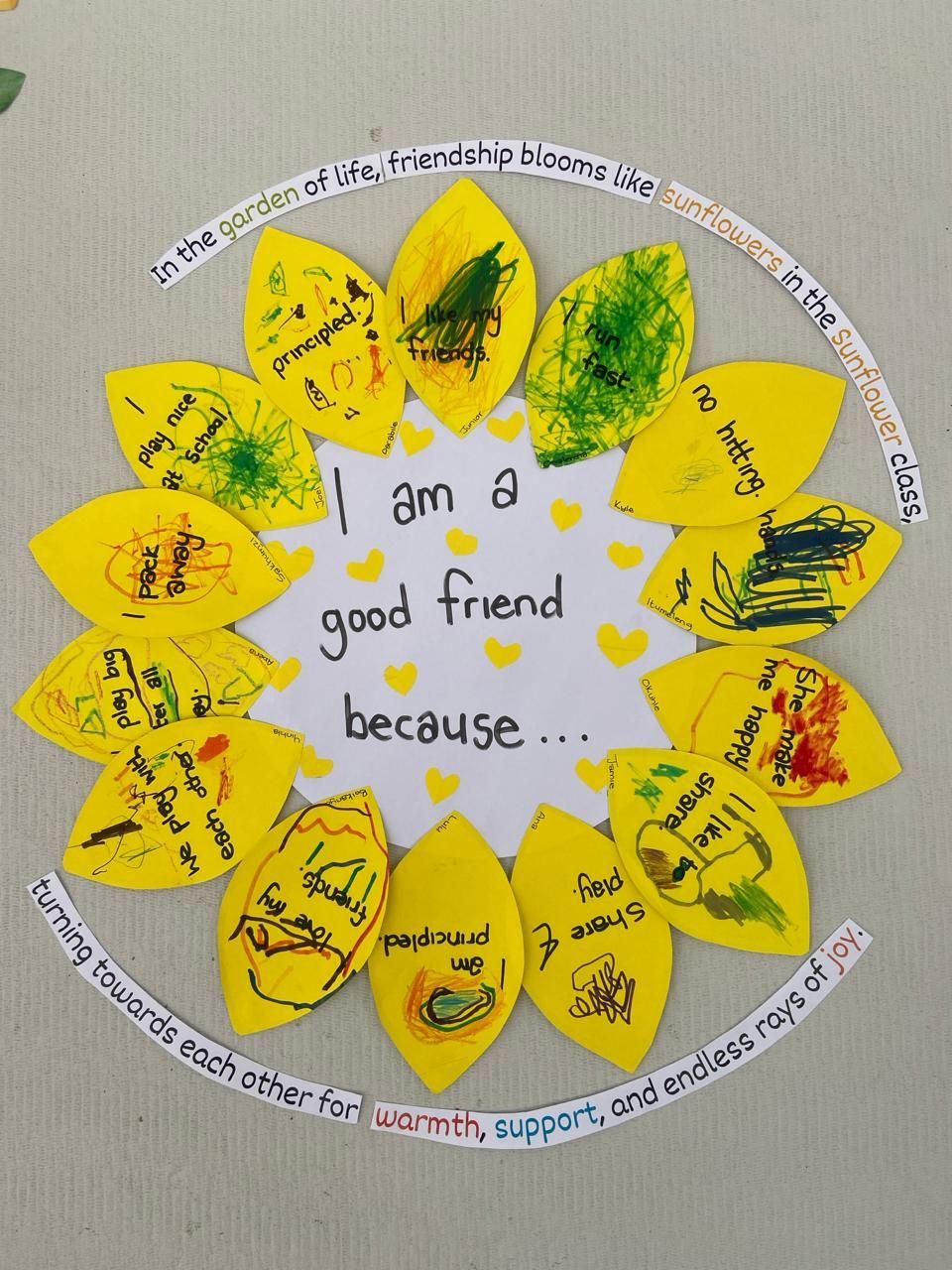 A sunflower made by a child that says i am a good friend because
