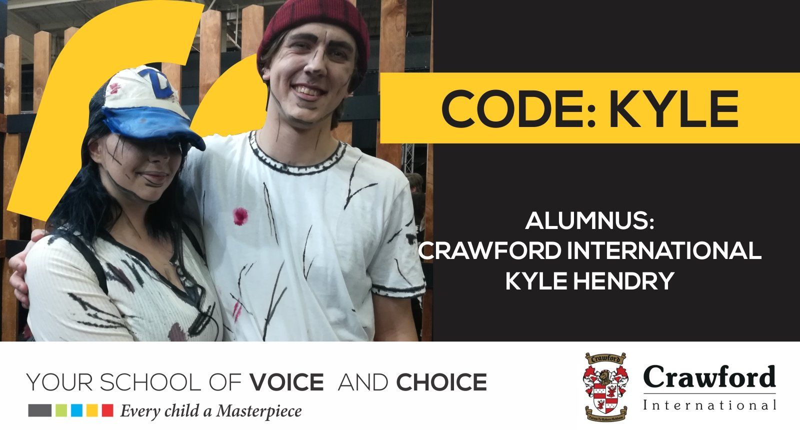 A man and a woman are posing for a picture with the words code kyle on the bottom