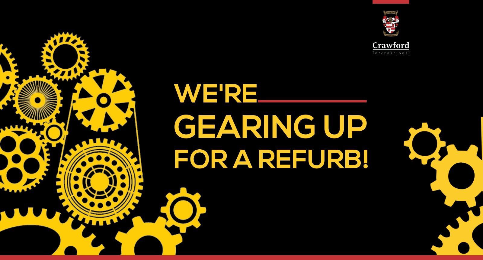 A black background with yellow gears and the words `` we 're gearing up for a refurb ! ''